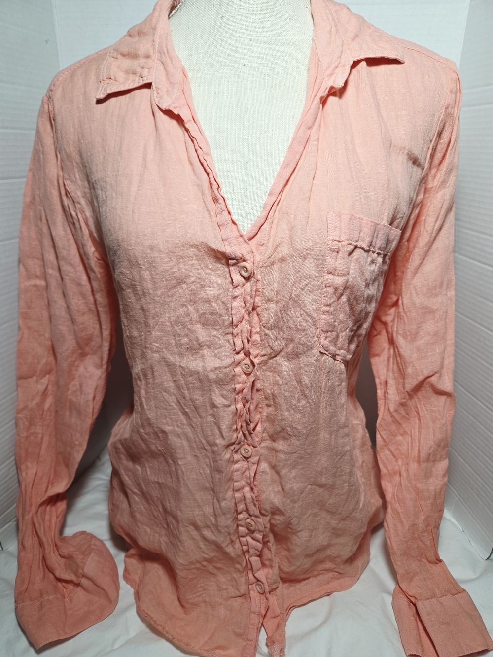 Light Peach Ruffle-Trim Button-Down Shirt - Women